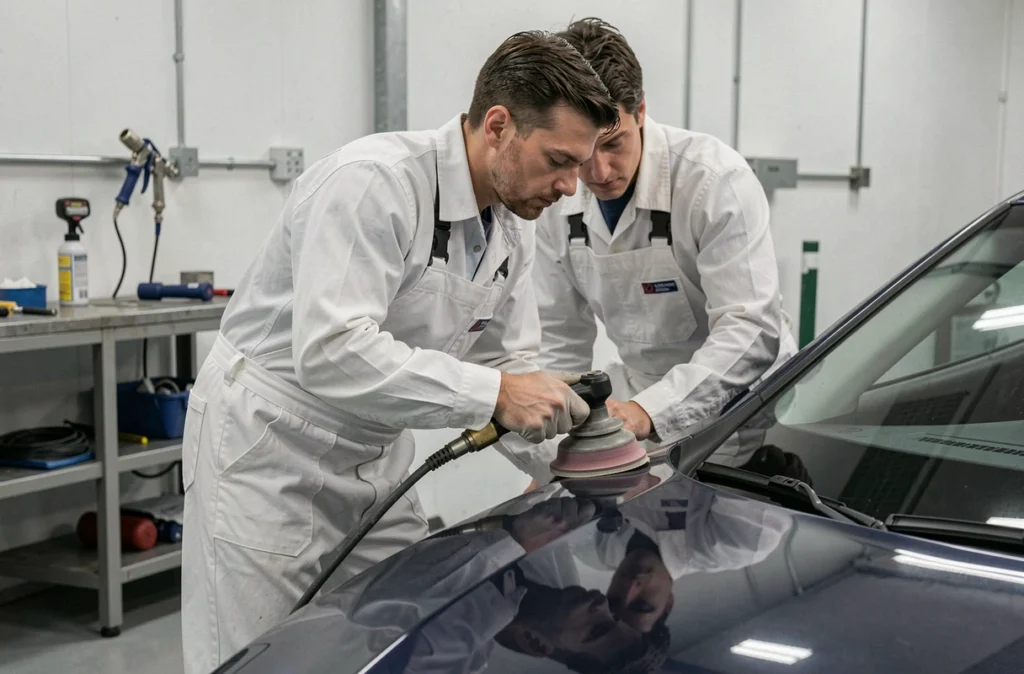 Carrossier de la Carrosserie Dufour ponçant la carrosserie d'une berline bleue dans un atelier professionnel
