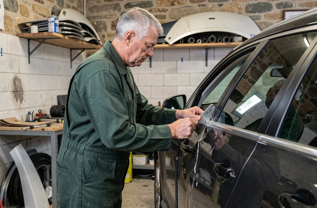 Carrossier expérimenté réparant une portière de SUV toutes marques dans l'atelier Garnero dans les Alpes-Maritimes