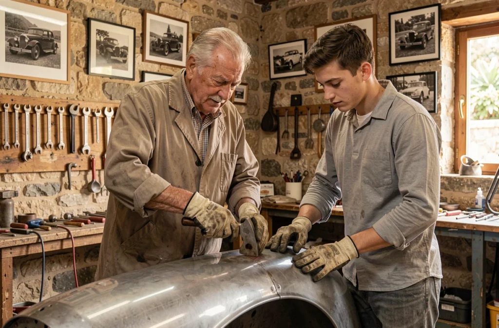 Transmission du savoir-faire familial entre un carrossier expérimenté et son apprenti chez Carrosserie J. Garnero dans les Alpes-Maritimes