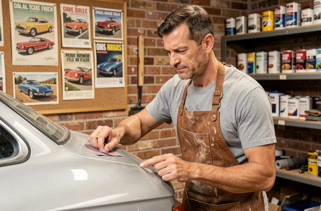 Artisan carrossier ponçant une pièce de carrosserie à la main dans l'atelier Liberali 06 sur la Côte d'Azur