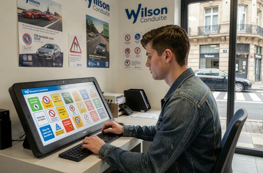 Élève du CER Wilson Conduite à Bordeaux s'entraînant sur un simulateur de code de la route dans l'agence