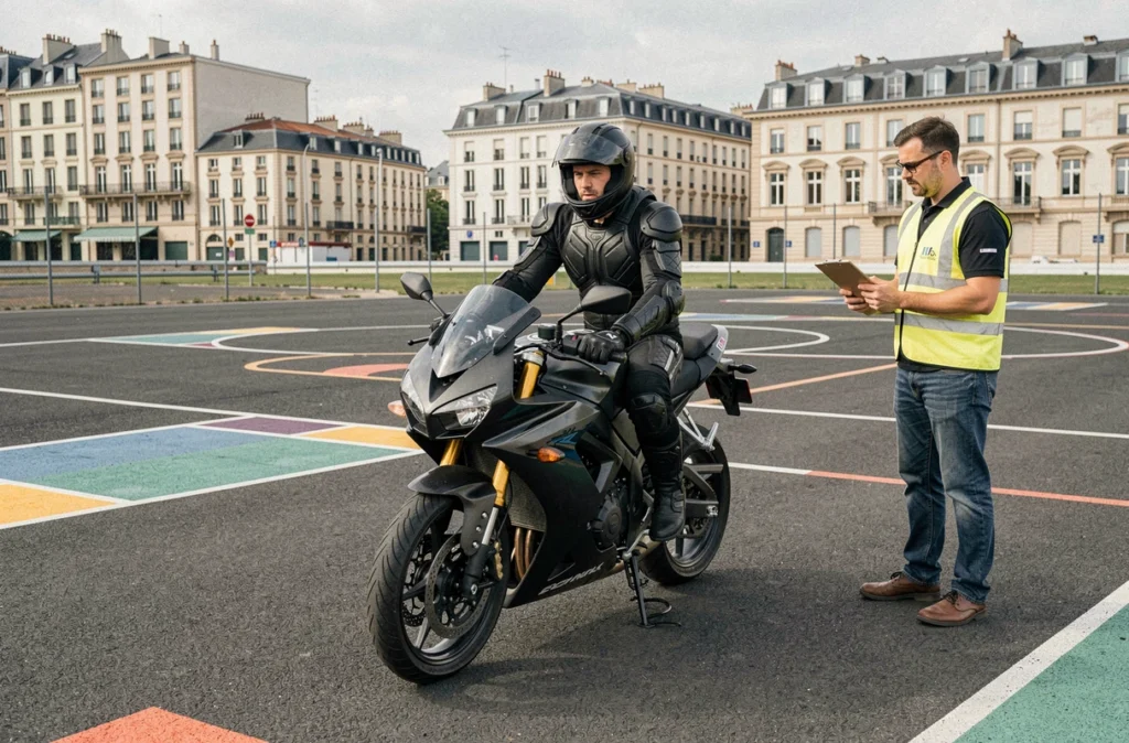 Élève motard en tenue de protection lors d'une leçon à la moto-école CF2R à Bordeaux sur une aire d'entraînement