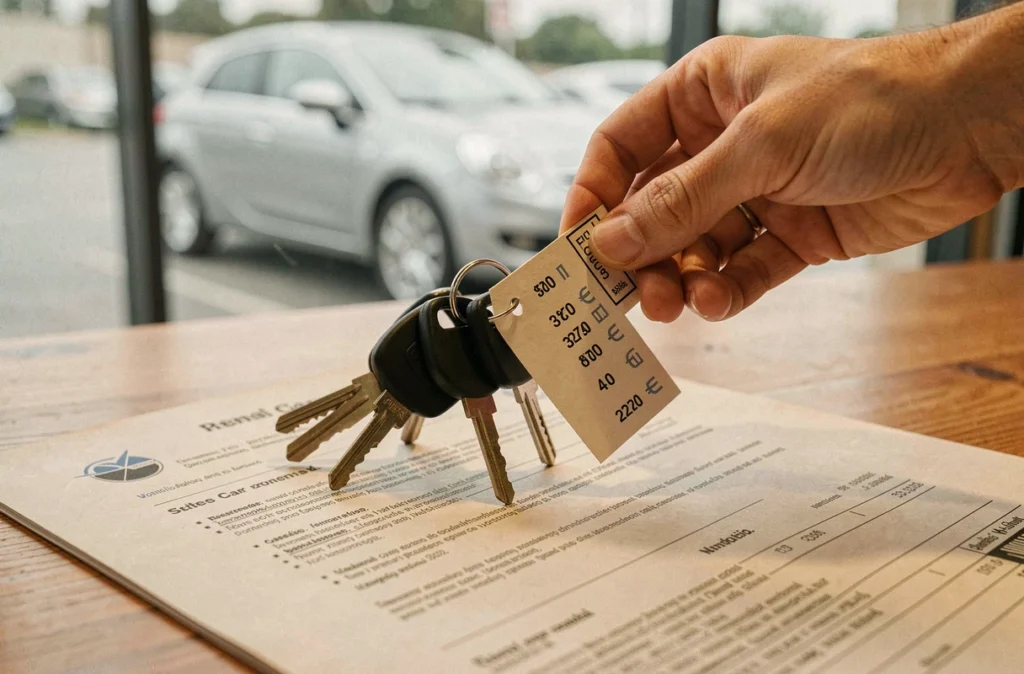 Clés de voiture sans permis avec étiquette de prix posées sur un contrat de location à La Rochelle