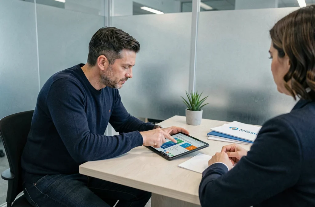 Client et conseiller comparant des offres d'assurance automobile en agence
