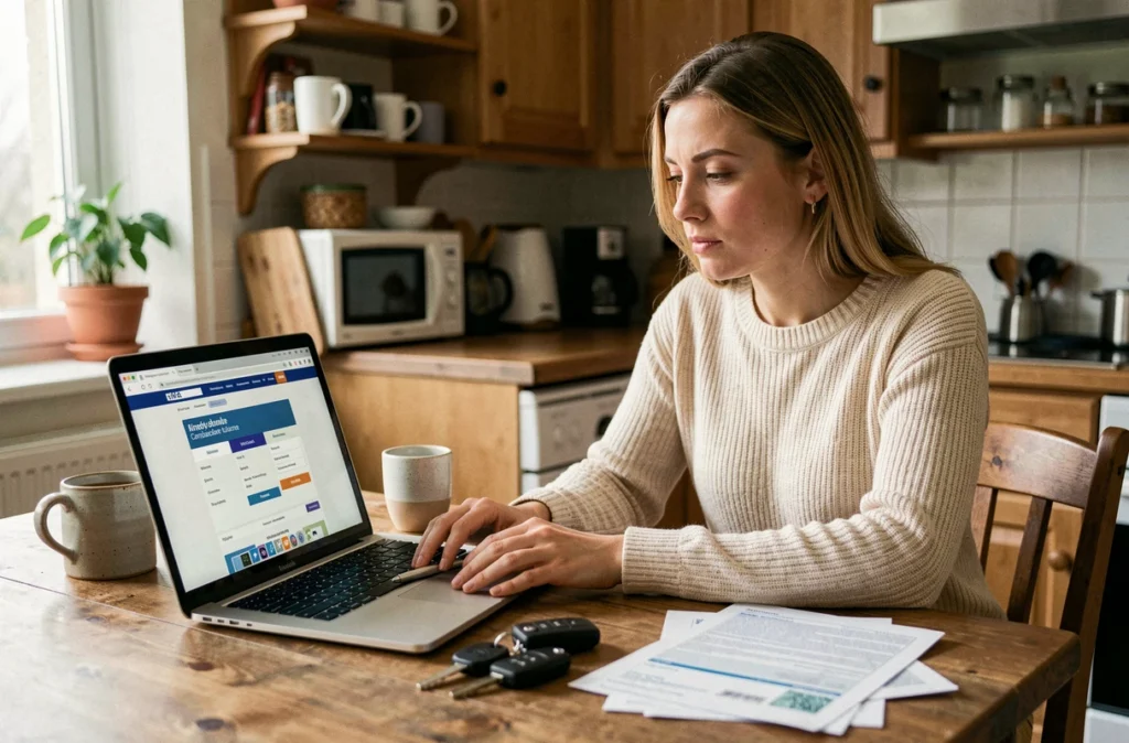Femme comparant des assurances auto en ligne depuis chez elle après l'achat d'un véhicule