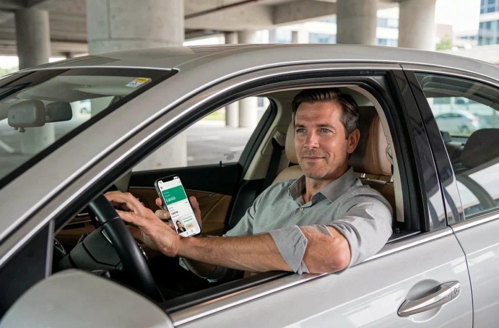 Homme d'affaires comparant des devis d'assurance auto professionnelle sur smartphone dans une voiture