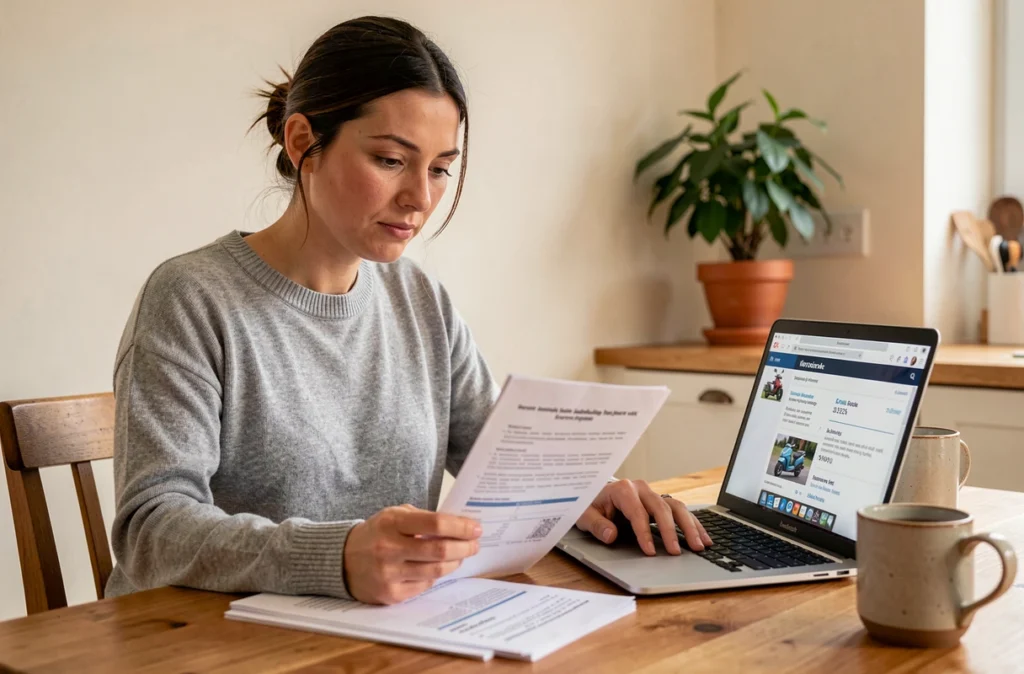 Femme comparant des offres d'assurance scooter 400cc sur un ordinateur portable avec des documents papier sur la table