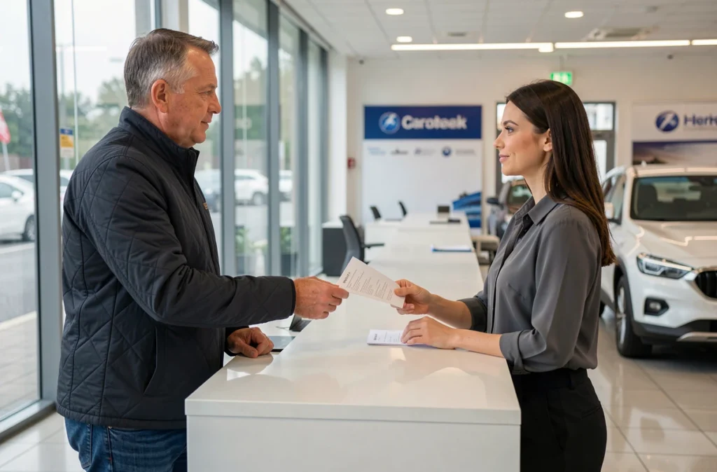 Homme remettant des documents à une conseillère dans une concession automobile, en lien avec la résiliation et le malus assurance