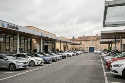 Vue panoramique d'un quartier de concessionnaires automobiles en Nouvelle-Aquitaine avec plusieurs showrooms modernes et rangées de véhicules neufs