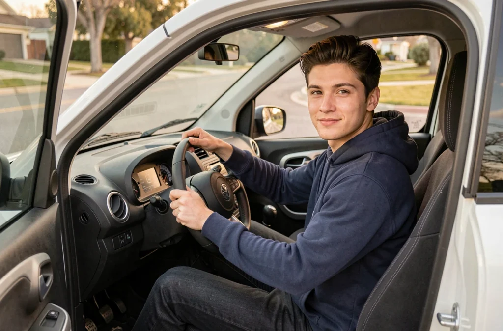 Jeune conducteur sans permis au volant d'un Aixam Coupé GTI, vue intérieure de l'habitacle compact et moderne