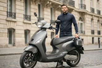 Homme debout à côté de son scooter 400cc en ville, tenant son casque intégral, avant de souscrire une assurance scooter