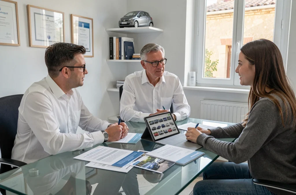 Conseiller en assurance auto recevant un couple dans son agence à Aix-en-Provence