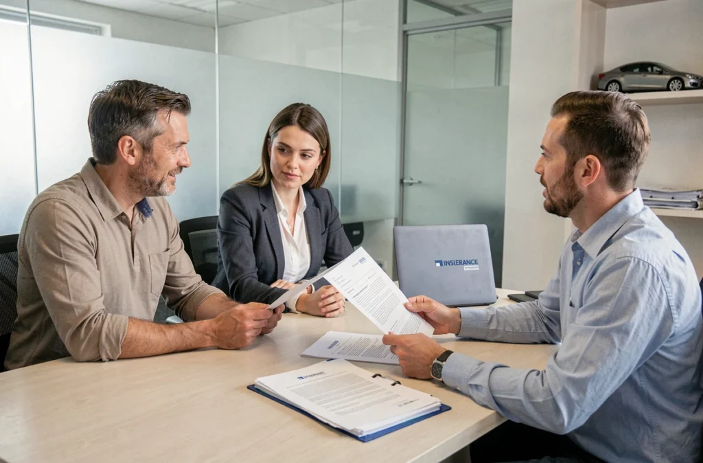 Couple en rendez-vous avec un conseiller pour changer d'assurance voiture en agence