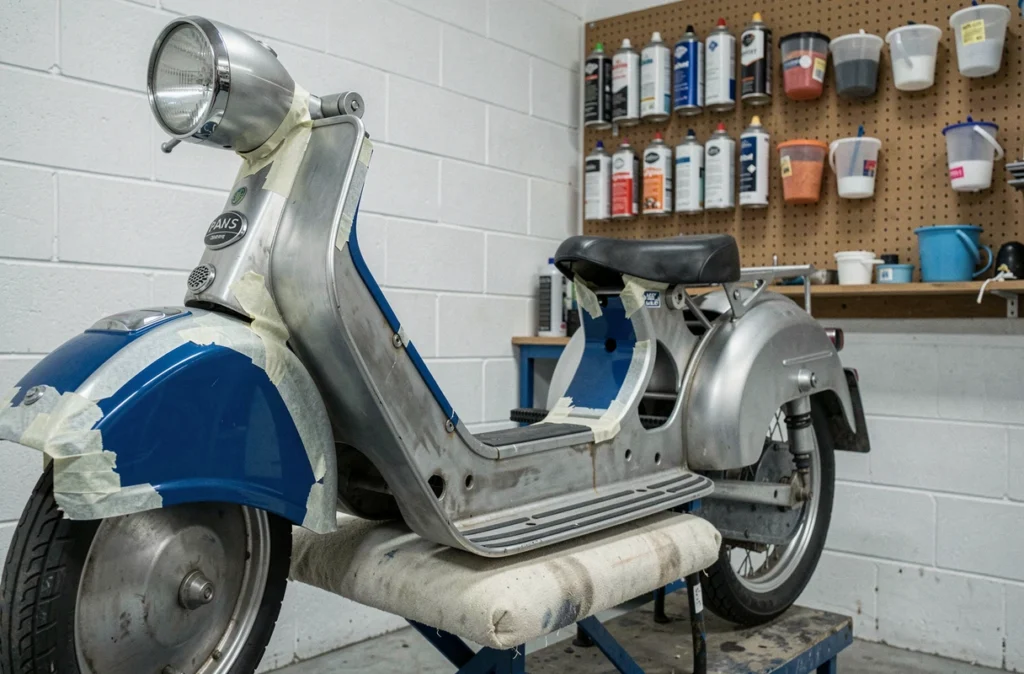 Détail du cadre d'un Peugeot 103 SP en cours de restauration montrant la peinture bleue d'origine préservée sous le masquage
