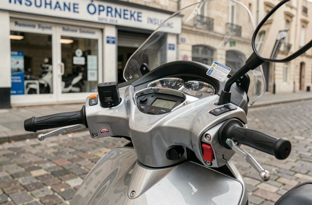 Détail avant d'un scooter 400cc garé sur des pavés avec autocollant d'assurance visible sur le pare-brise