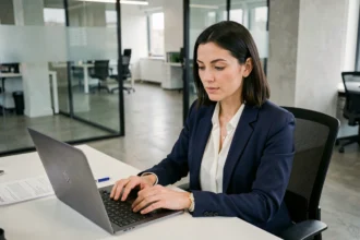Femme professionnelle consultant un devis d'assurance auto sur ordinateur portable dans un bureau moderne