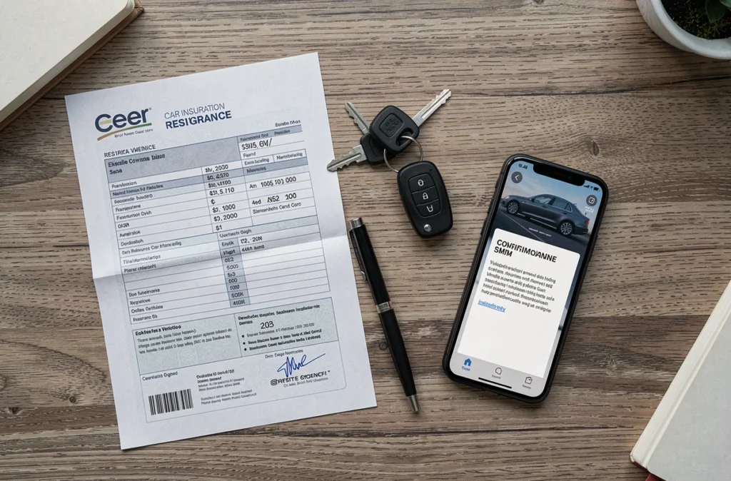 Vue aérienne des documents d'assurance et de la carte grise d'une voiture nouvellement achetée