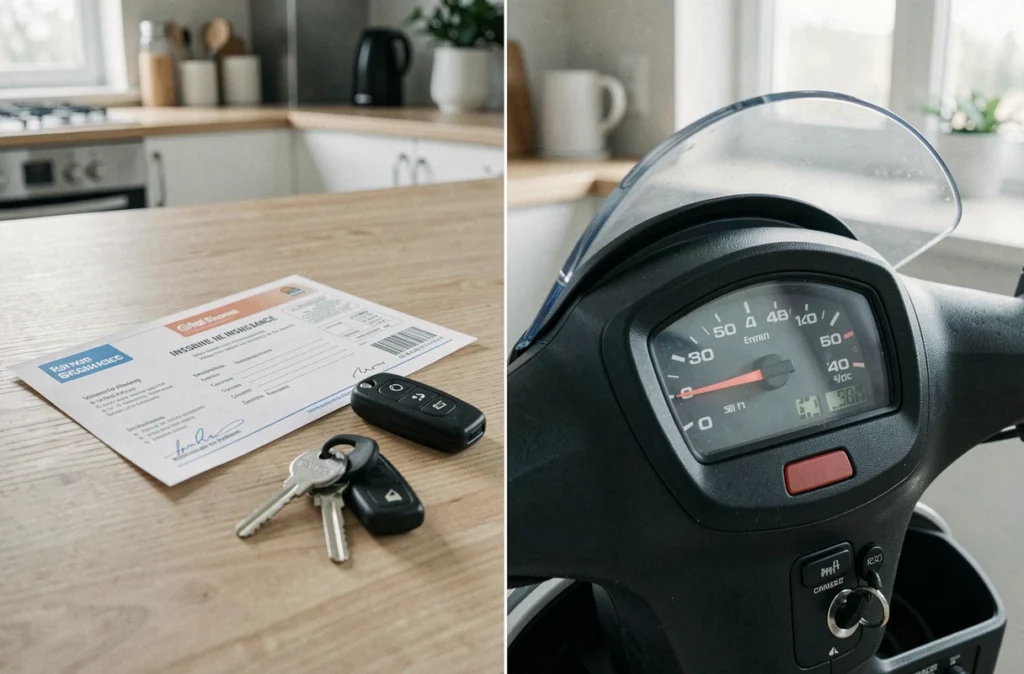 Documents d'assurance scooter 50 et clés posés sur une table avec tableau de bord en arrière-plan