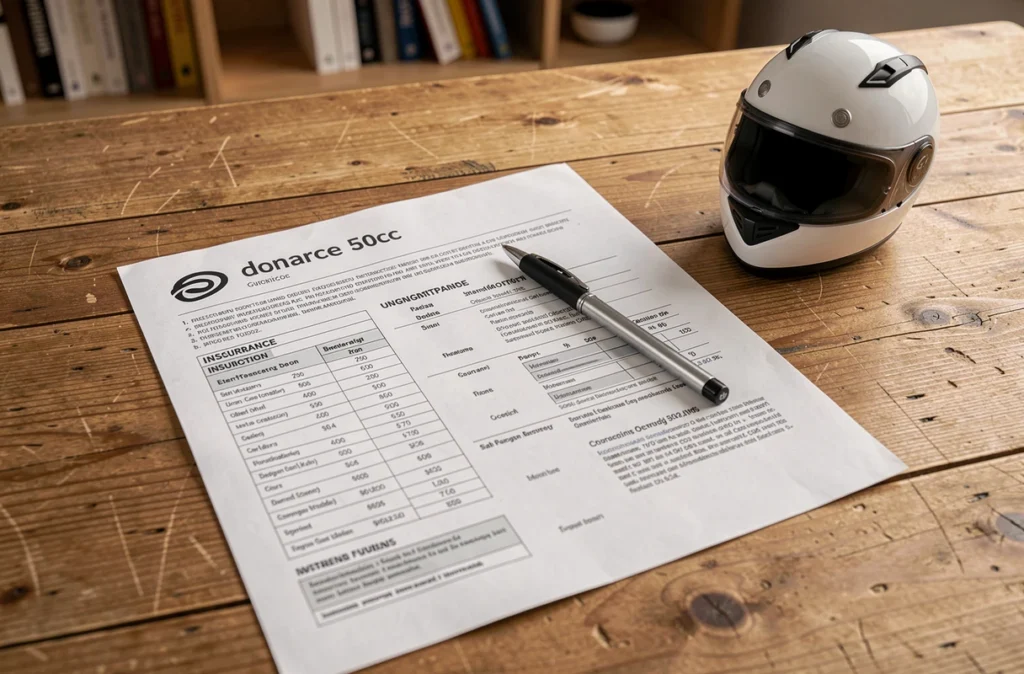 Documents d'assurance scooter 50cc et contrat posés sur un bureau en bois