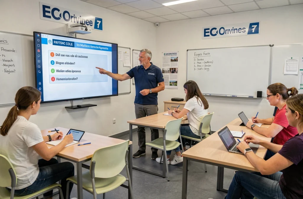 Moniteur de l'ECF CESR 33 à Eysines animant un cours de code de la route dans une salle de formation moderne