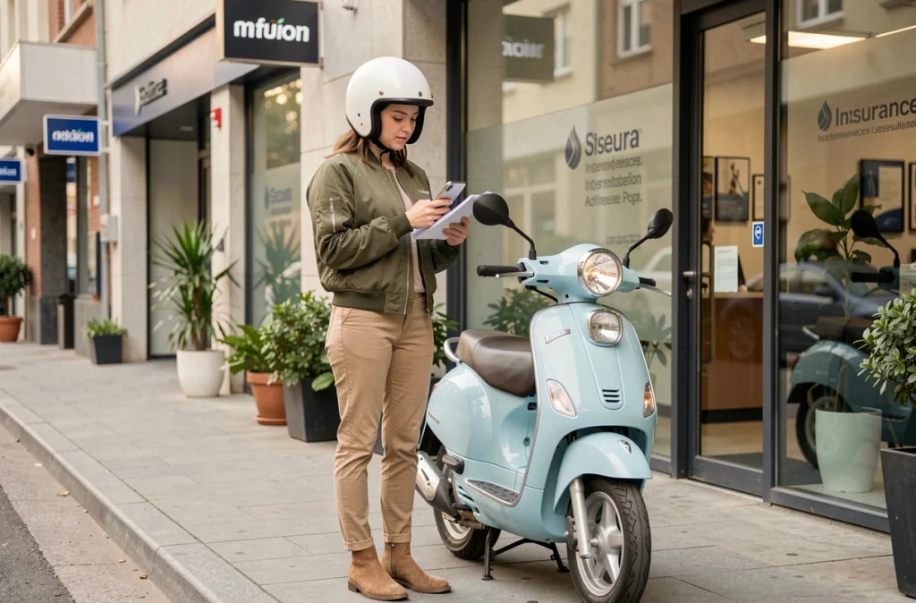 Jeune femme consultant son téléphone pour une assurance scooter 50 devant une agence en ville