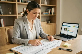 Femme comparant des contrats d'assurance auto sur son bureau à domicile
