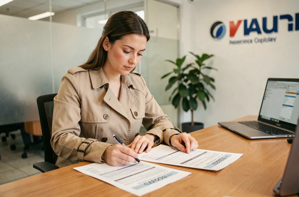 Femme comparant des devis d'assurance scooter 125 dans un bureau d'agence d'assurance