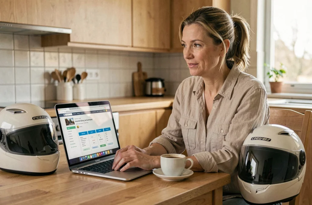 Femme comparant des offres d'assurance moto saisonnière sur ordinateur portable dans sa cuisine