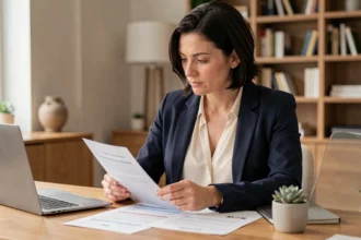 Femme consultant un contrat d'assurance auto à son bureau à domicile à Aix-en-Provence
