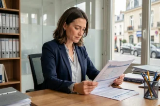 Femme consultant un contrat d'assurance auto dans une agence à Bourgoin-Jallieu