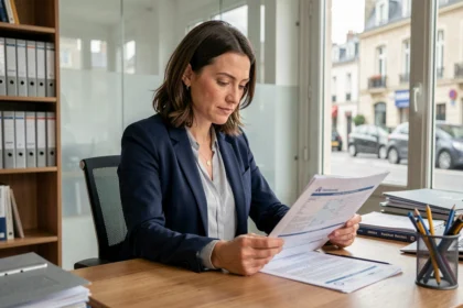 Femme consultant un contrat d'assurance auto dans une agence à Bourgoin-Jallieu