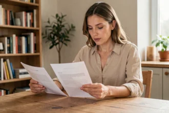 Femme consultant ses documents d'assurance voiture à la maison pour changer de contrat