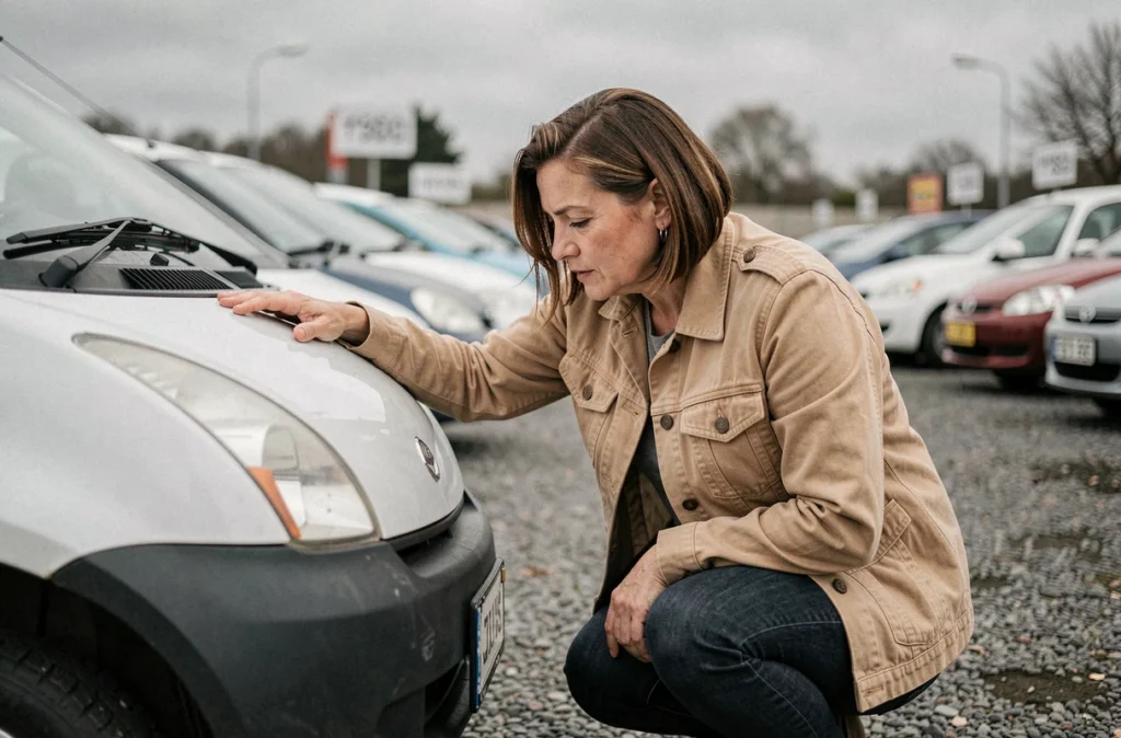 Femme inspectant une voiture sans permis d'occasion dans un lot de véhicules d'occasion en plein air