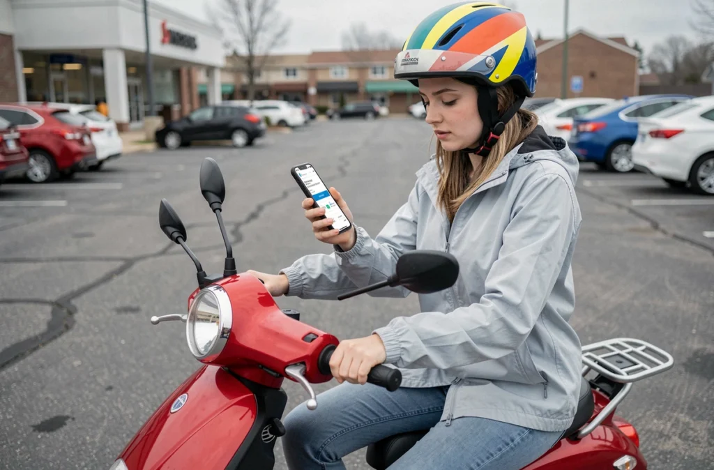 Jeune femme sur scooter 50cc comparant des offres d'assurance sur son smartphone