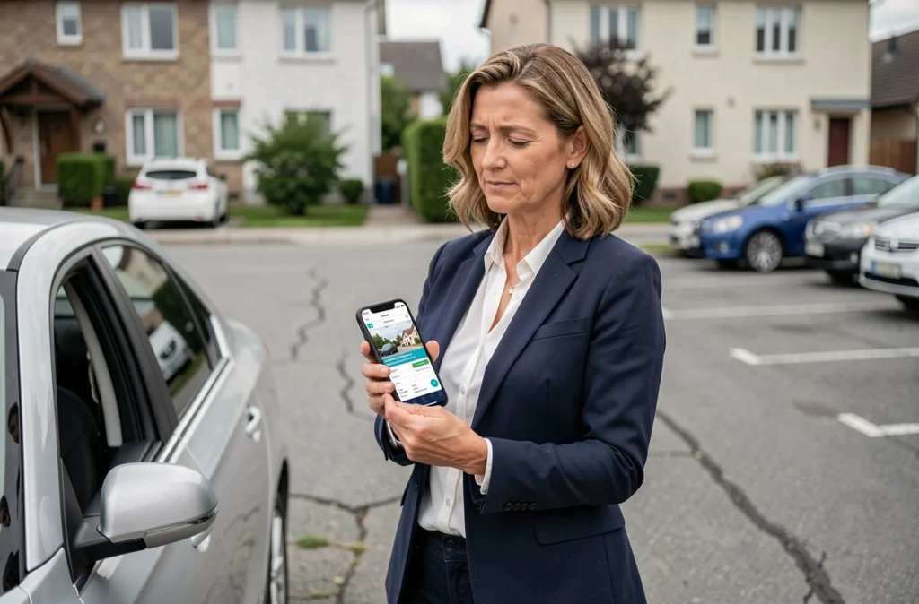 Femme consultant son smartphone près de sa voiture pour comparer des assurances auto et comprendre l'impact du malus