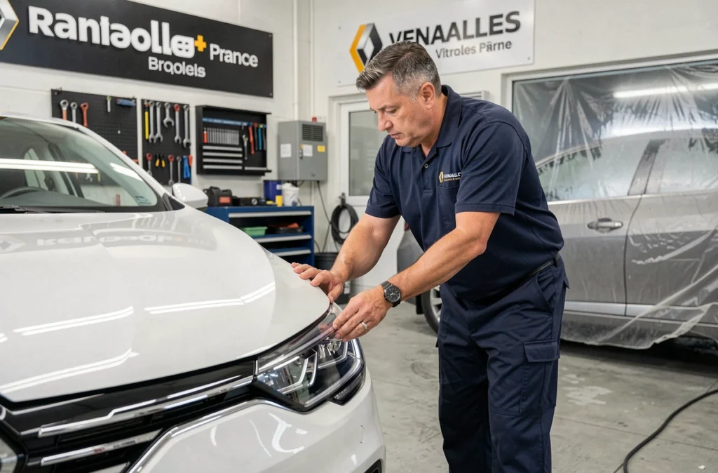 Technicien en uniforme Renault inspectant la carrosserie d'un véhicule chez Fontblanche Automobiles à Vitrolles