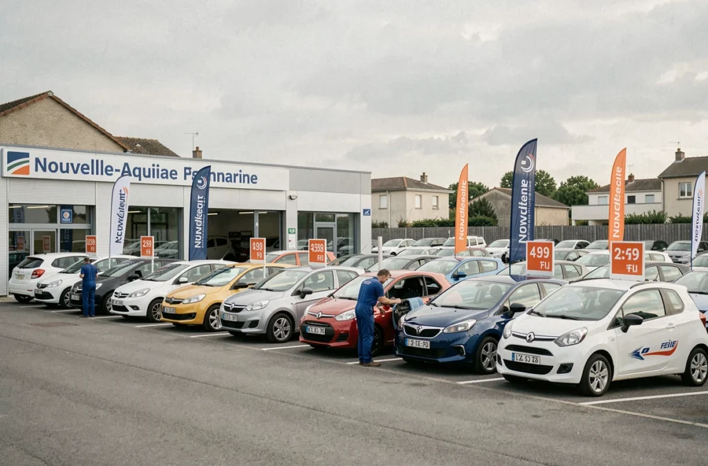 Parvis extérieur de Fouraa Automobiles avec véhicules d'occasion exposés et mécanicien en tenue de travail