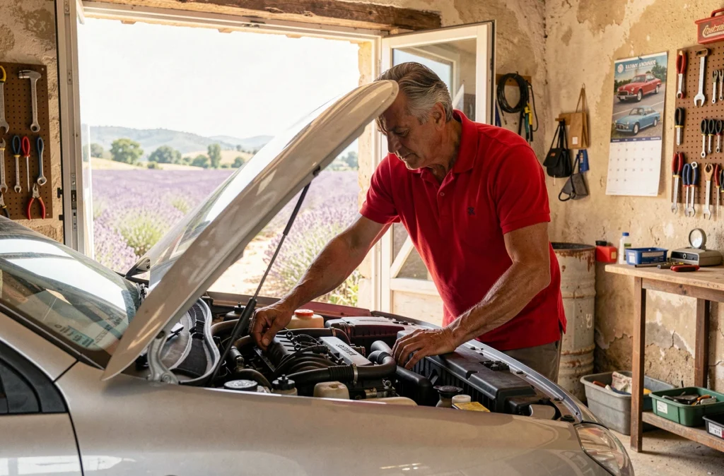Propriétaire du Garage Carlos effectuant un entretien mécanique et de carrosserie dans son garage en Provence avec vue sur la campagne