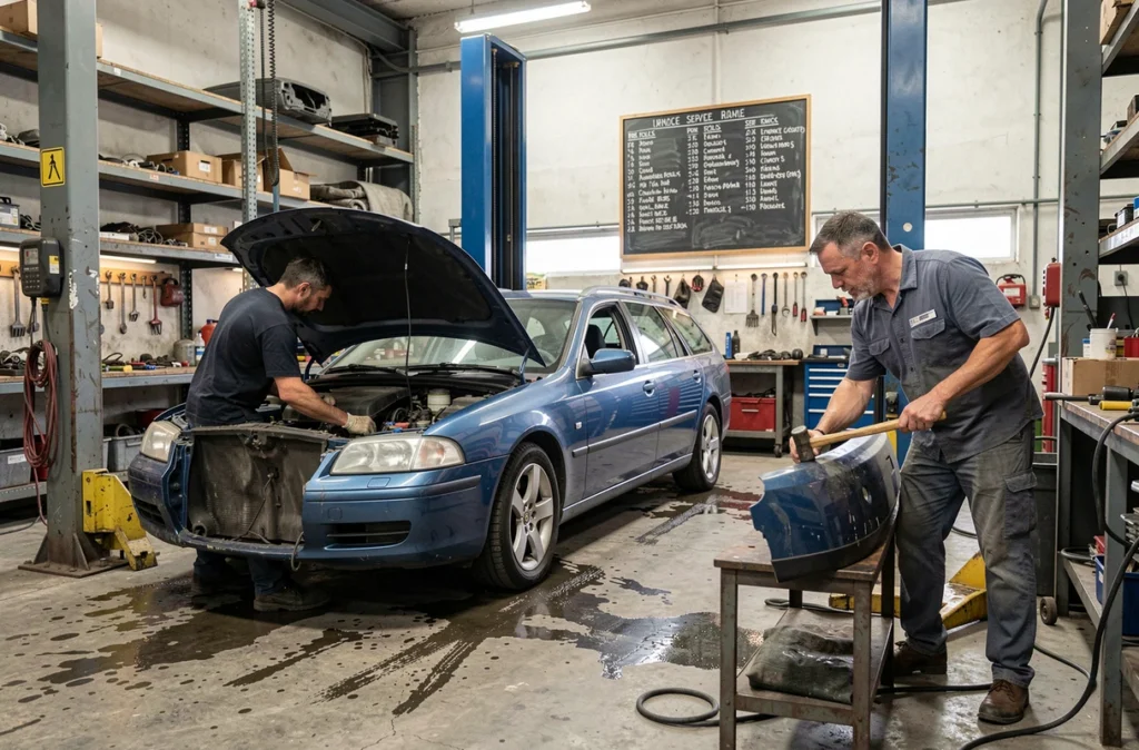 Atelier combinant mécanique et carrosserie au Garage Carrosserie St Jean avec deux techniciens au travail
