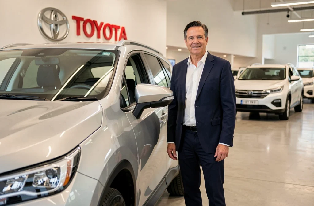 Conseiller commercial Toyota posant devant un SUV silver dans le showroom du garage Chaigneau Toyota en Nouvelle-Aquitaine