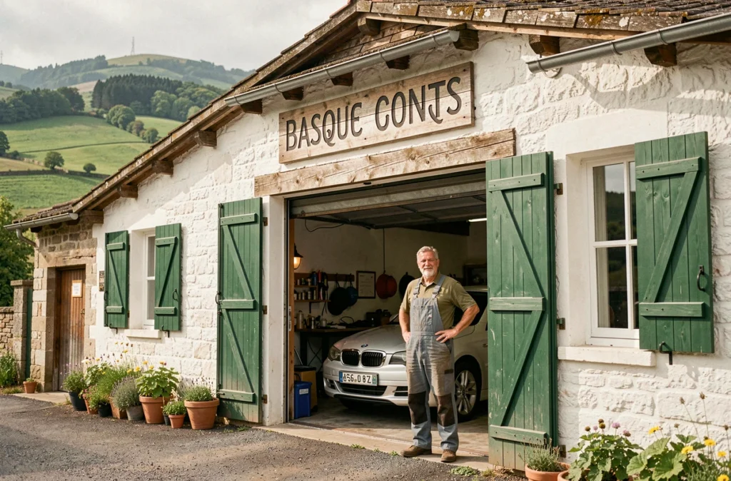 Façade du Garage Errobi au Pays Basque français avec le propriétaire devant l'entrée et paysage basque en arrière-plan
