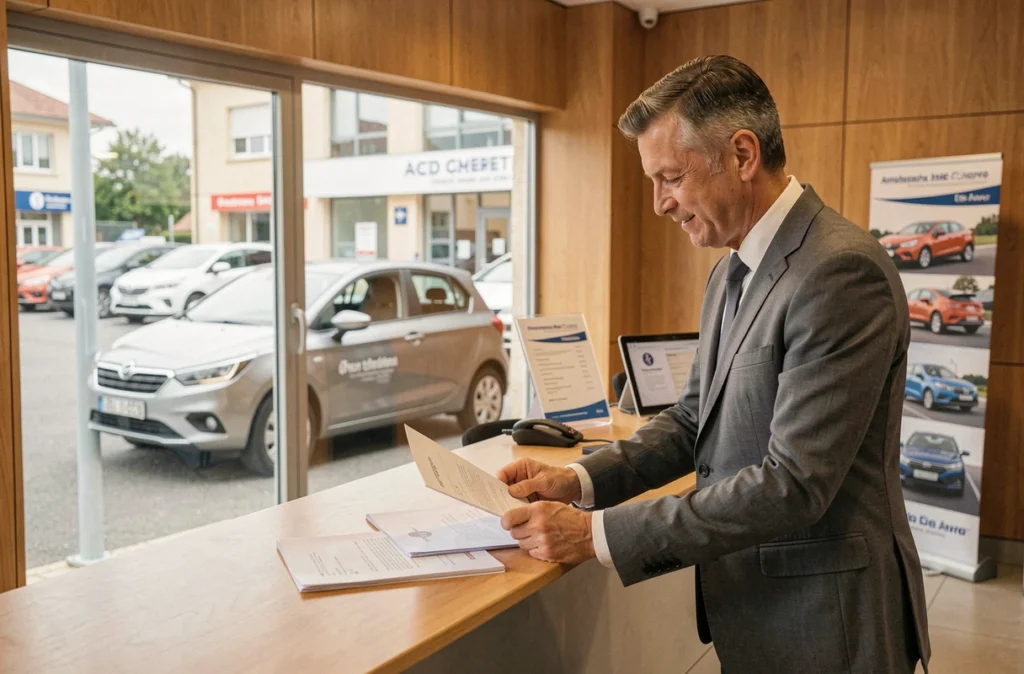 Conseiller de vente chez Gauvin Automobiles examinant des documents au bureau d'accueil du concessionariat