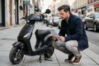 Homme examinant son scooter 125cc avec un document d'assurance à la main sur un trottoir urbain