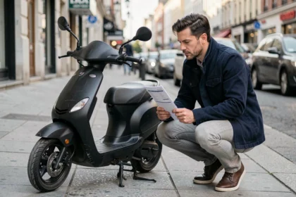 Homme examinant son scooter 125cc avec un document d'assurance à la main sur un trottoir urbain
