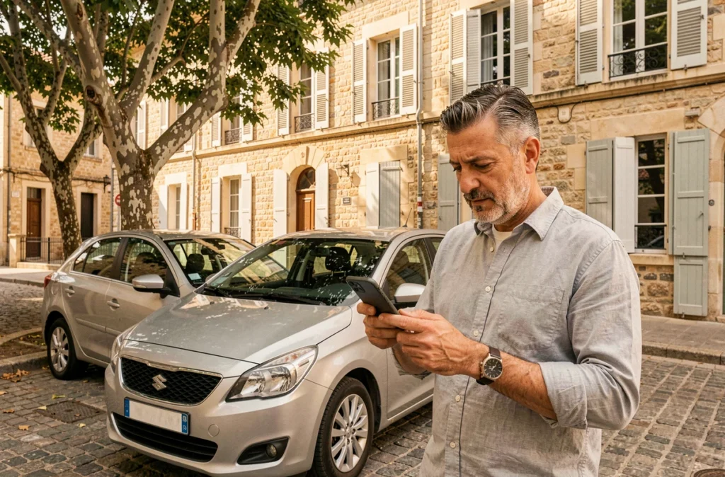 Homme comparant des offres d'assurance auto sur smartphone devant sa voiture dans une rue d'Aix-en-Provence