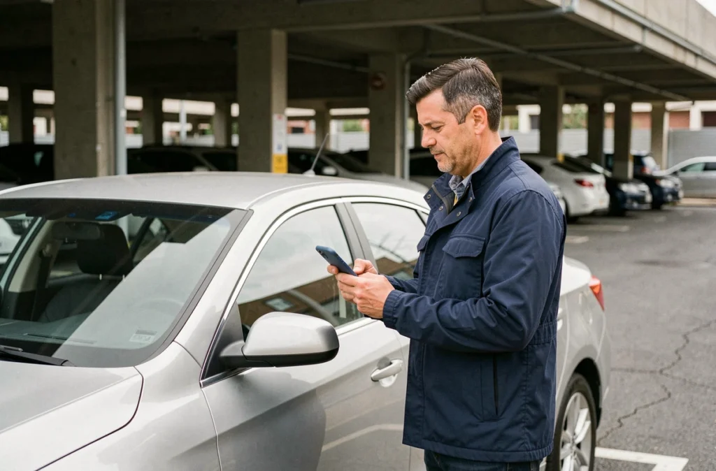 Homme comparant des offres d'assurance voiture sur smartphone dans un parking urbain