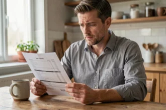 Homme examinant un document d'assurance automobile à la table de sa cuisine, illustrant la gestion du malus et des délais sans assurance