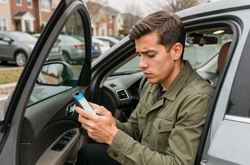 Jeune conducteur consultant une application de comparaison d'assurance auto depuis sa voiture