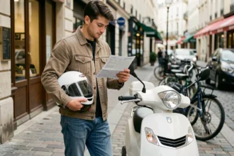 Jeune homme consultant un document d'assurance scooter 50cc dans une rue urbaine française