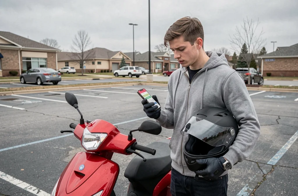 Jeune homme consultant une comparaison d'assurance scooter 125 sur smartphone dans un parking